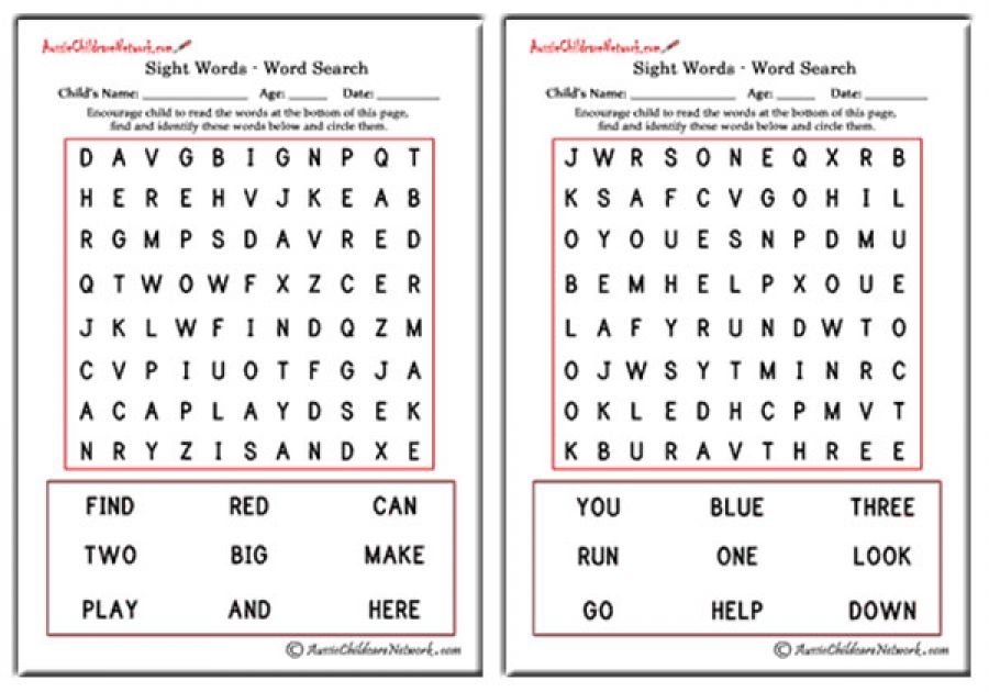 Pre Primer Sight Word Search