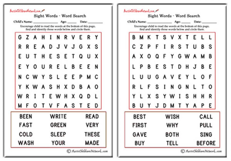Second Grade Sight Word Search