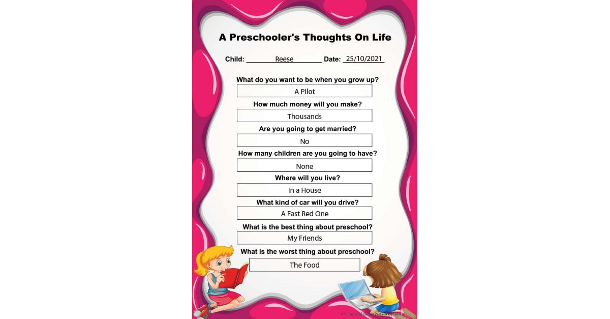 Preschooler's Thoughts On Life Template - A Set Of fun Questions To Ask Preschoolers