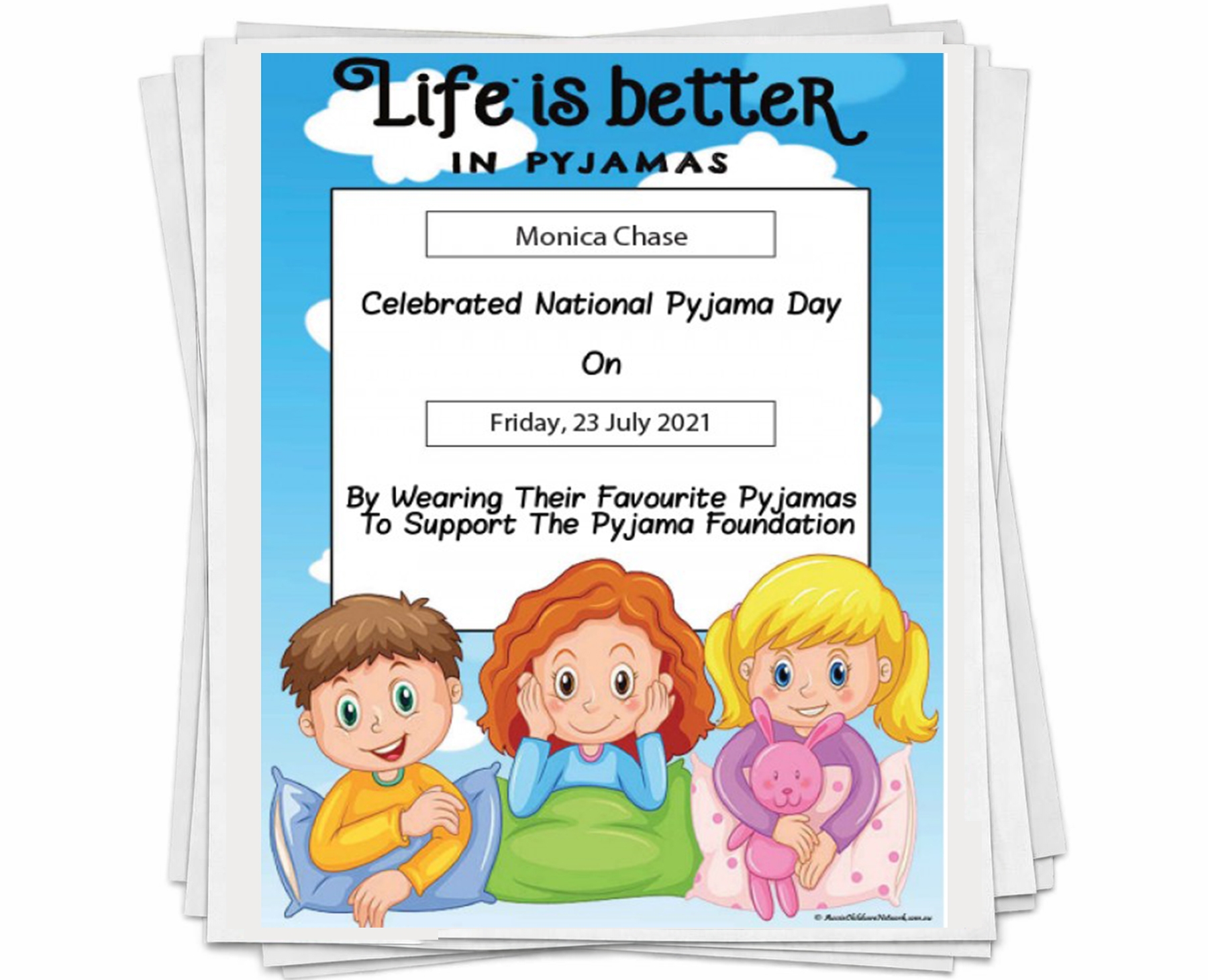 National Pyjama Day Certificate