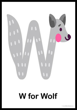Animal Letter Posters Wolf, learning animal letters, matching animals to alphabets worksheets, animal letters display posters