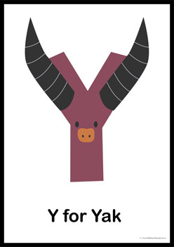 Animal Letter Posters Yak, learning animal letters, matching animals to alphabets worksheets, animal letters display posters