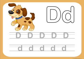 Letter Tracing Worksheet D, letter tracing picture worksheets, letter tracing preschool, letter worksheets, alphabet worksheets for children, learning letter kindergarten writing practice