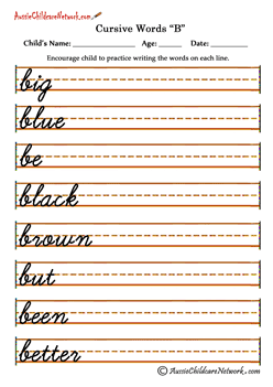 Cursive alphabet letters Words B b