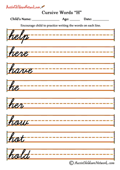 cursive Words handwriting worksheet H h