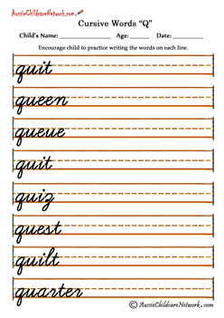 tracing the Cursive alphabet Words sheets Qq
